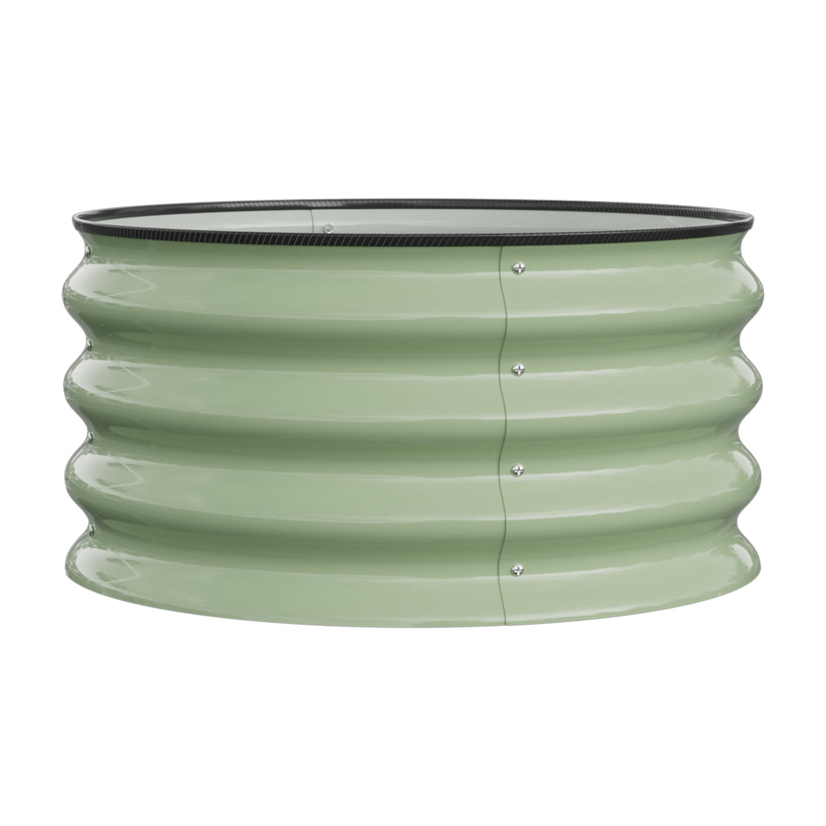 Empty sage green round raised bed on white with four ribs and a black rim