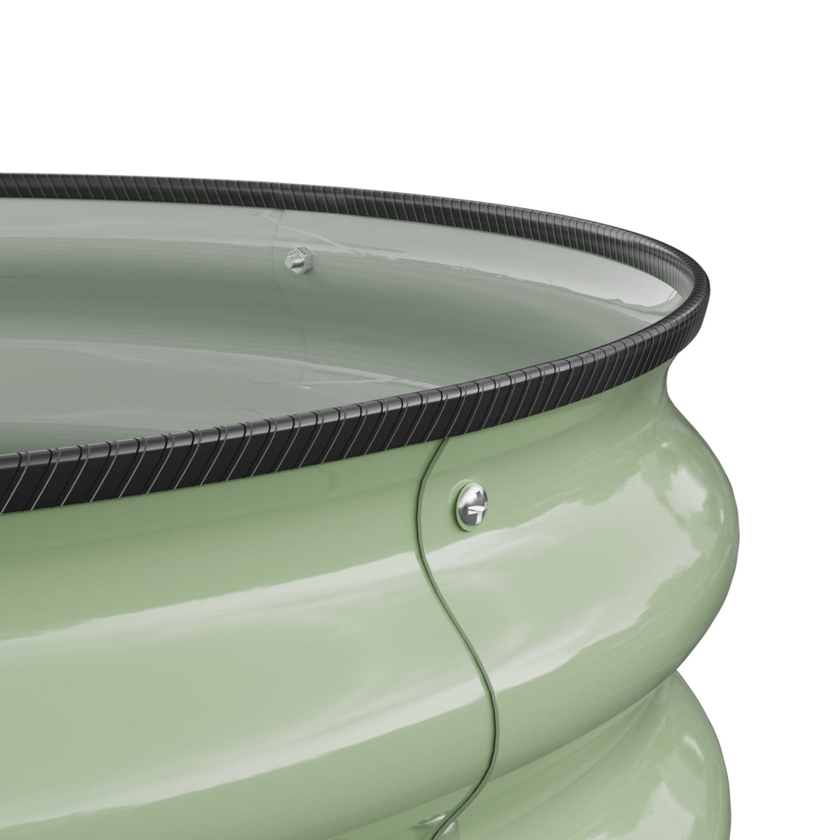 Close-up of the black rubber rim strip on the corrugated steel wall