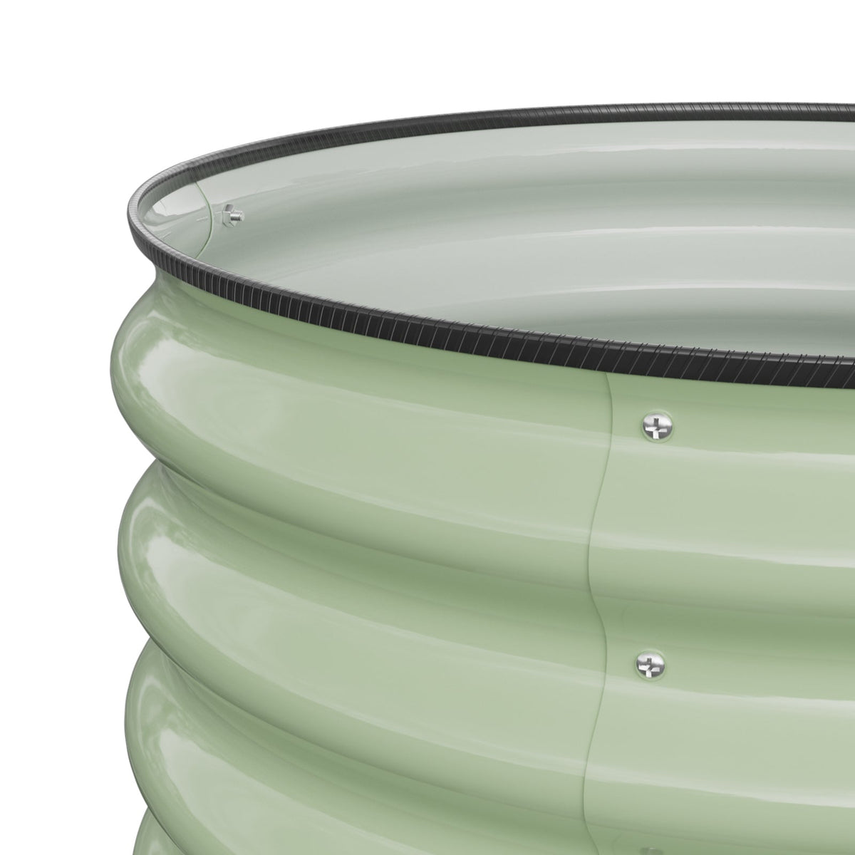 Close-up of the ribbed steel wall and rubber-edged rim