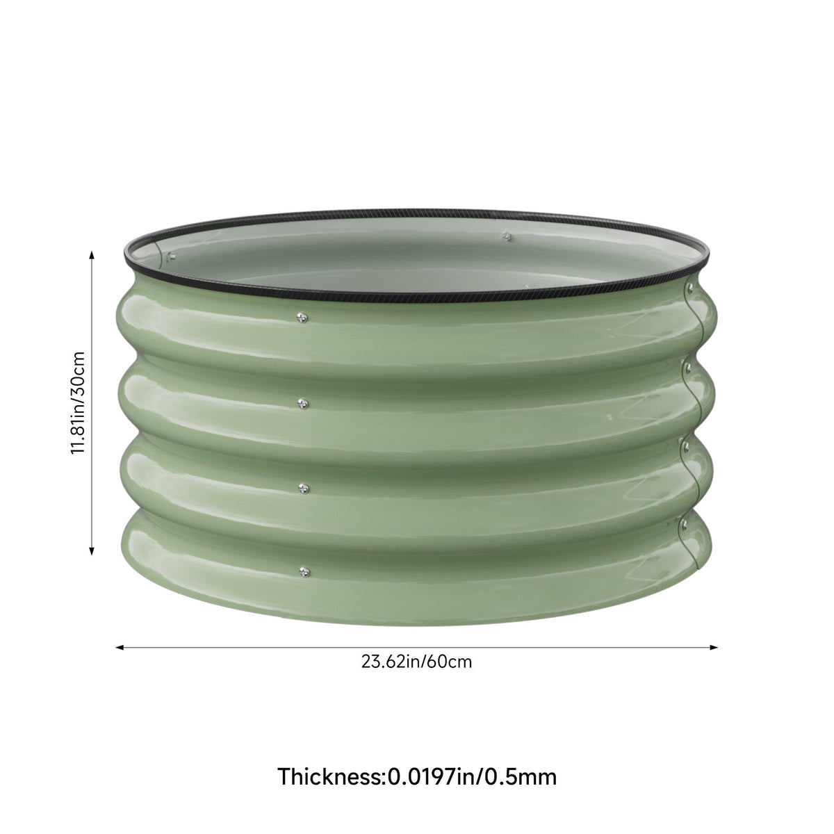 Round raised bed on white marked 60 cm across, 30 cm high and 0.5 mm thick