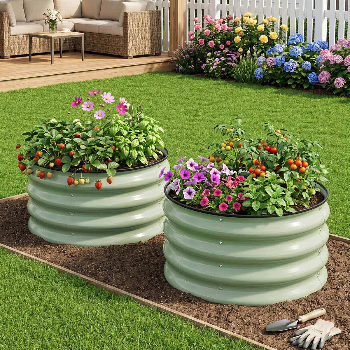 Two round steel raised beds with flowers and tomatoes on a garden border