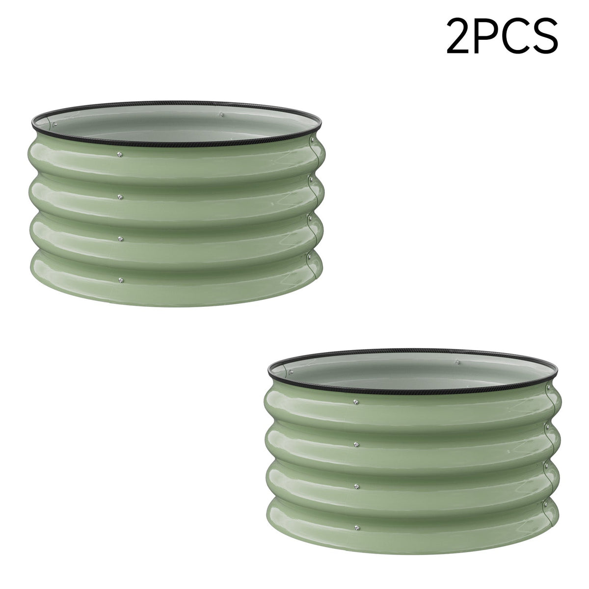 Two sage green round raised beds on white, the set of two