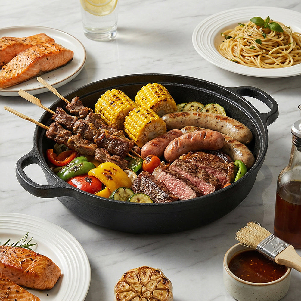 Cast iron braiser with sausages, corn, skewers and steak on a marble table