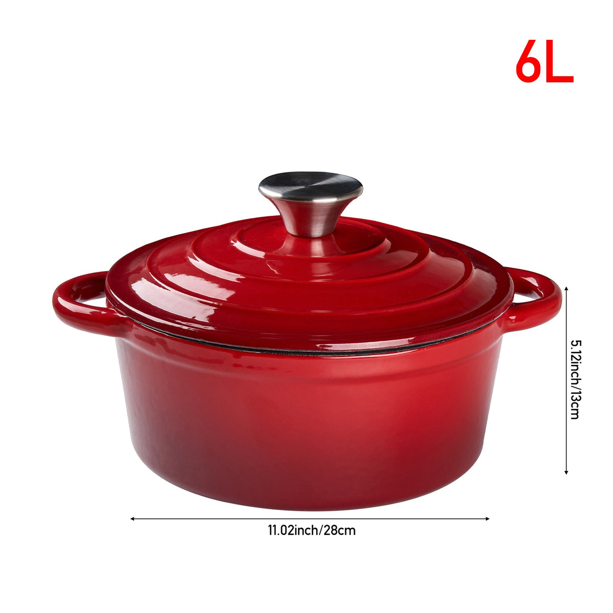 Red enamelled Dutch oven on white, marked 28 cm wide and 13 cm high, 6 L