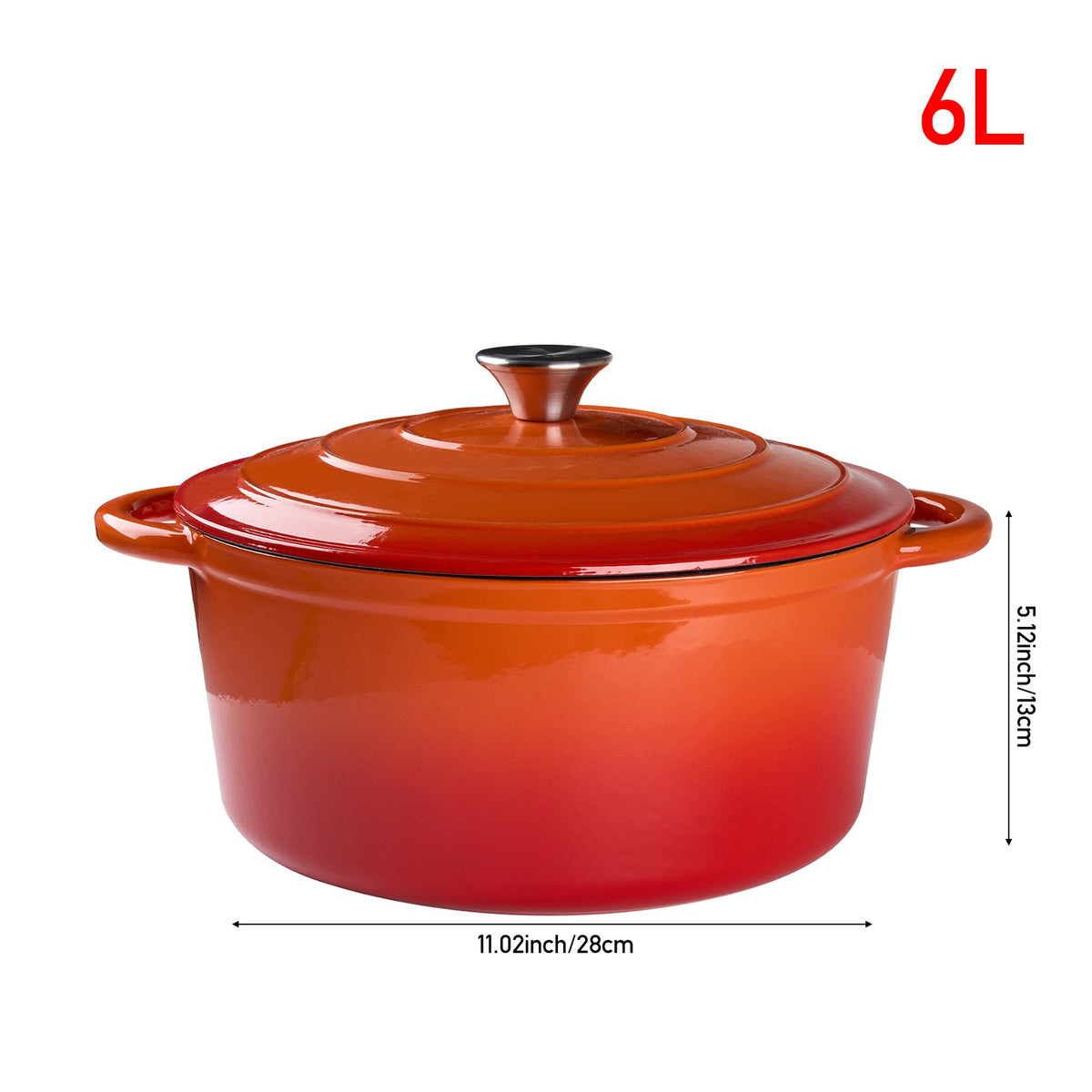 Orange enamelled Dutch oven on white, marked 28 cm wide and 13 cm high, 6 L