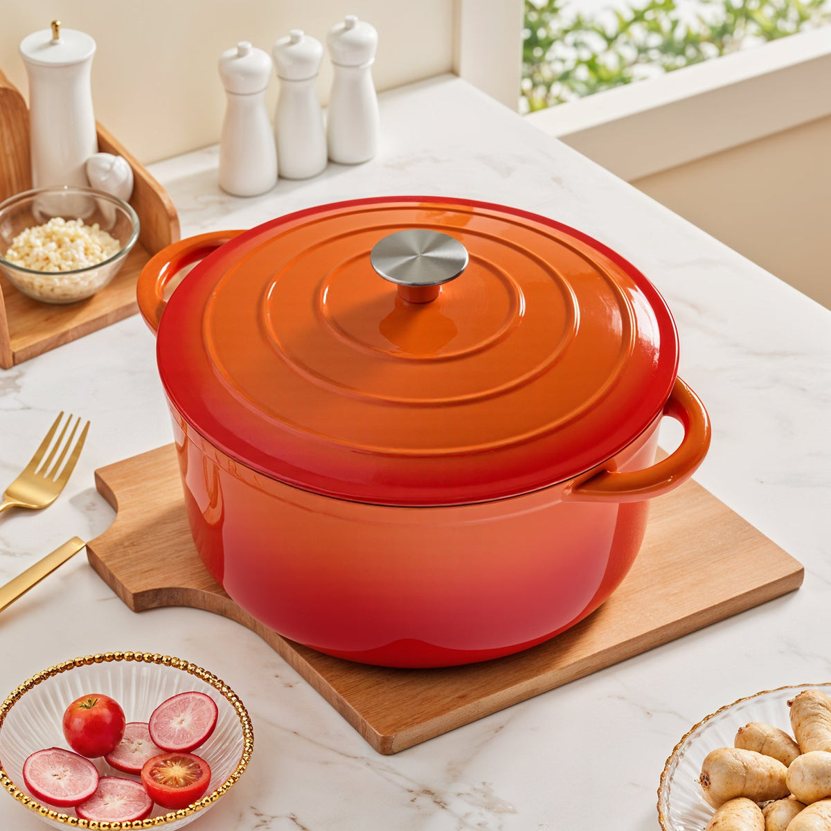 Orange enamelled cast iron Dutch oven with its lid on, on a wooden board in a bright kitchen