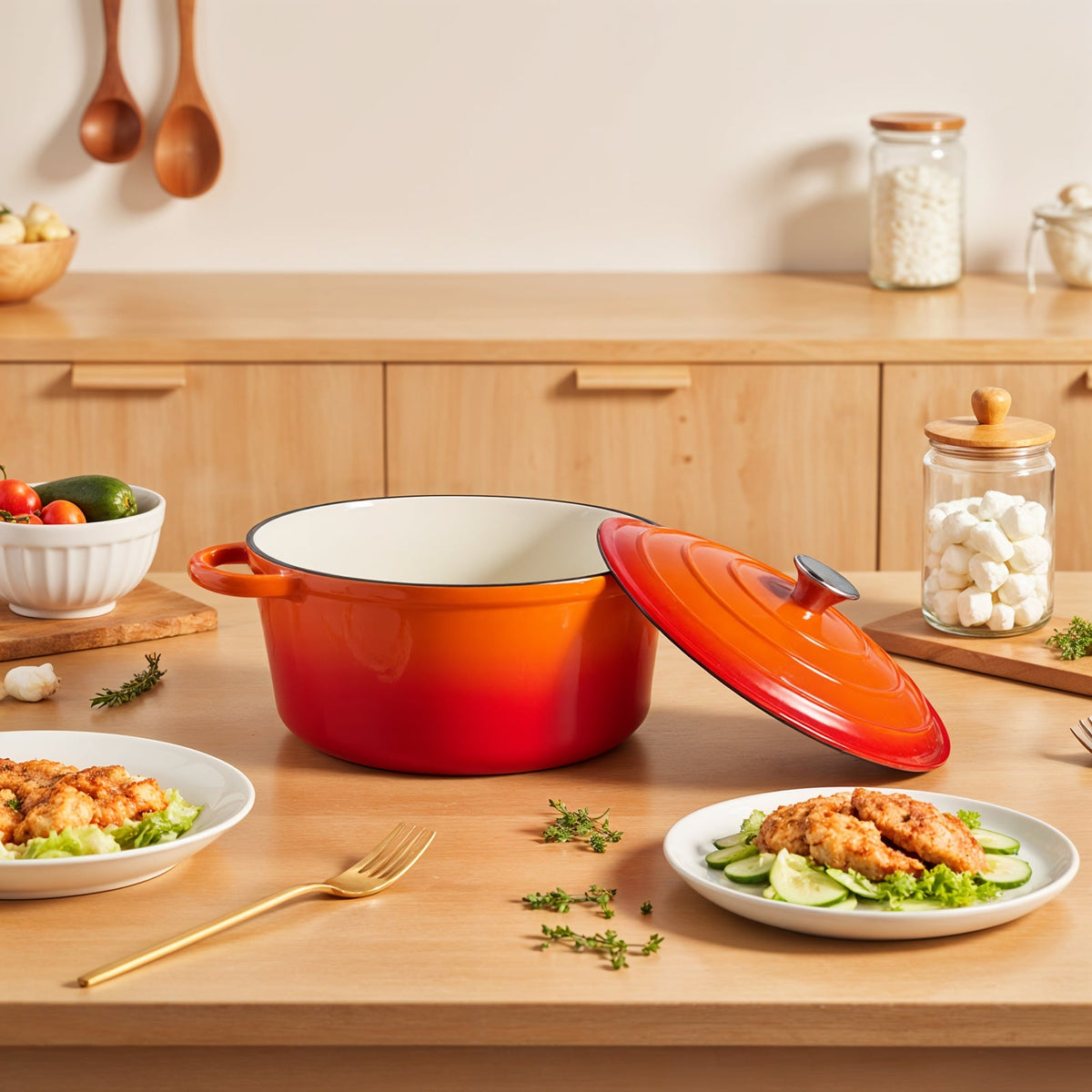 Orange enamelled Dutch oven on a wooden worktop with its lid tilted open beside plated food