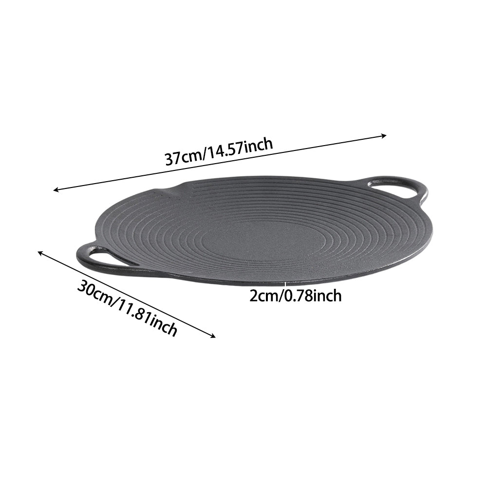 Cast iron grill pan on white, marked 30 cm across the pan, 37 cm with handles and 2 cm deep
