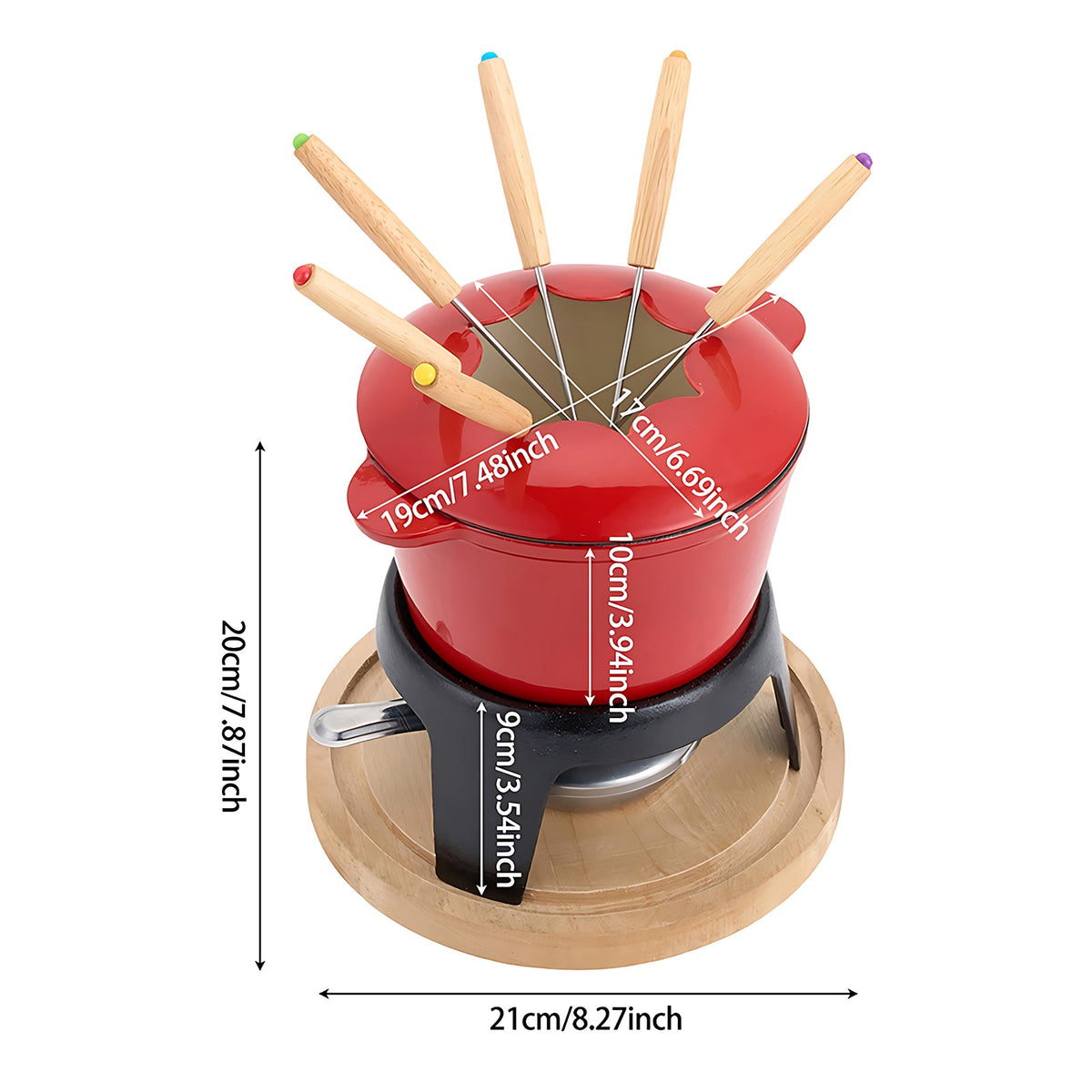Assembled fondue set on white, marked 20 cm high, 21 cm base, 19 cm and 17 cm pot widths