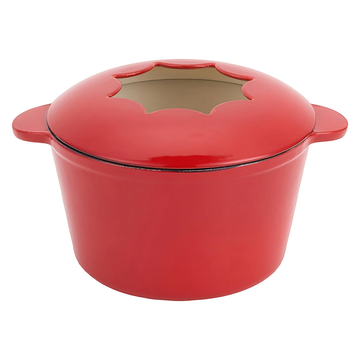 Red enamelled fondue pot with its star-cut lid on white