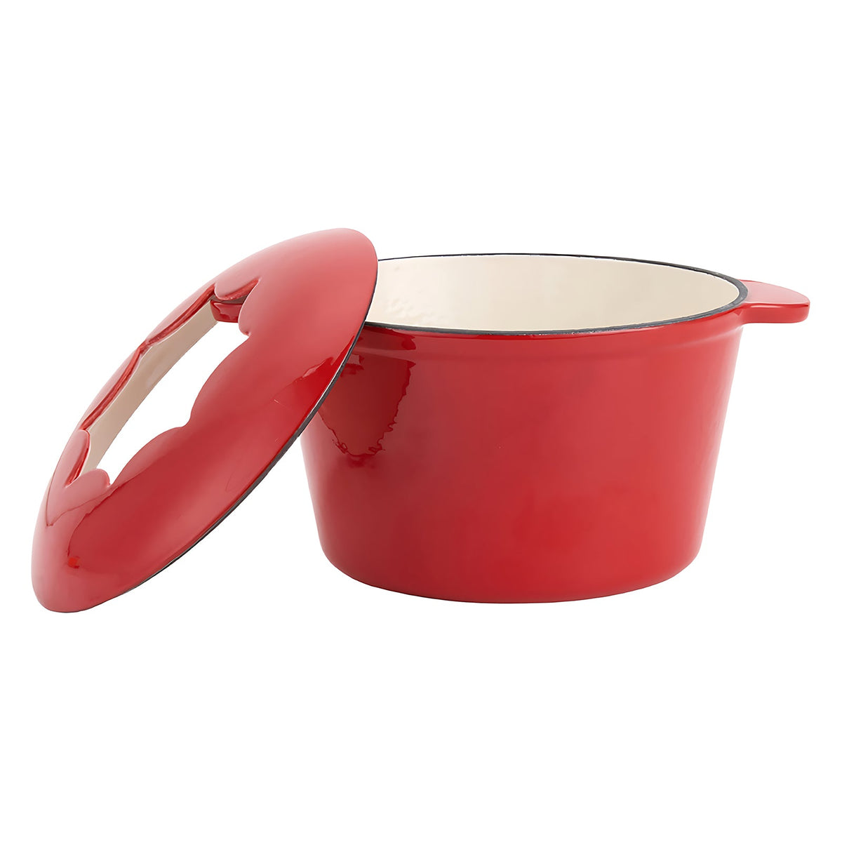 Red enamelled fondue pot on white with its lid tilted open