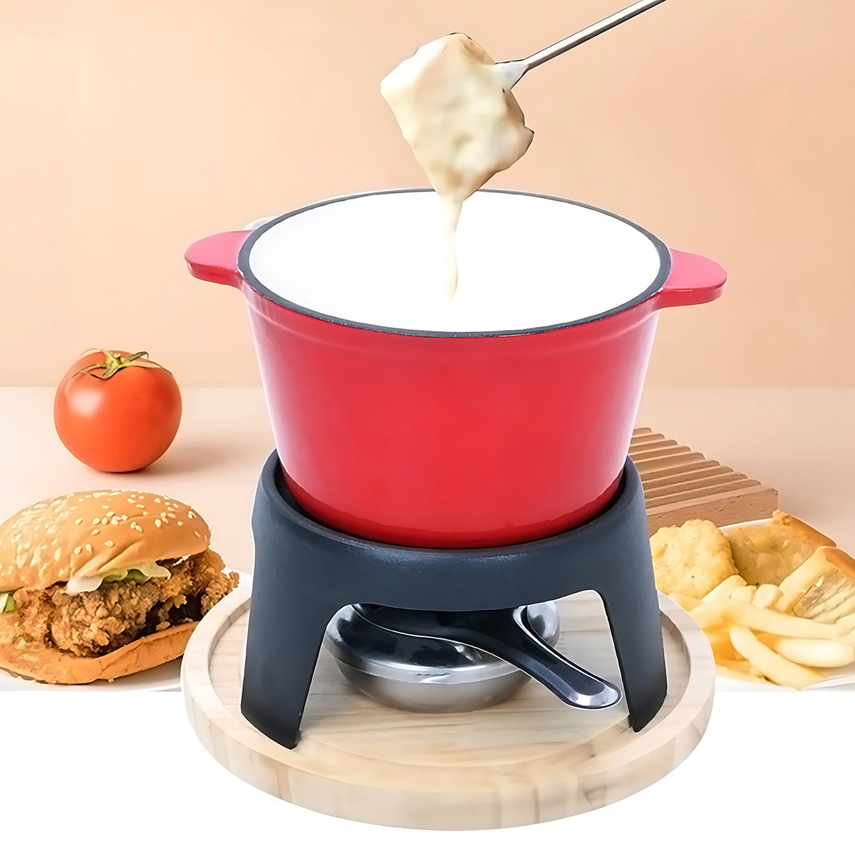 Bread dipped in melted cheese from the open red fondue pot on its stand and wooden base