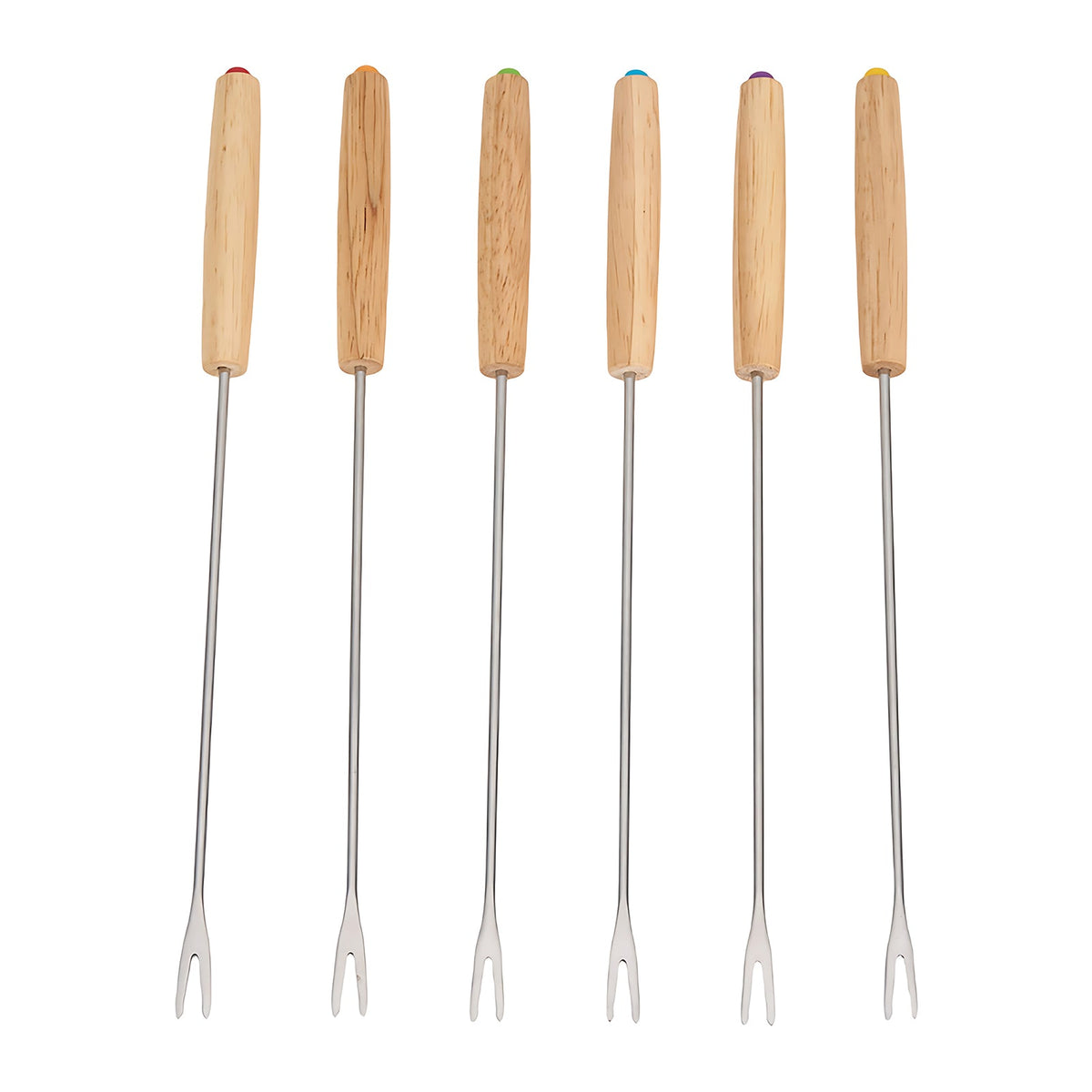 Six fondue forks with wooden handles and coloured end caps on white