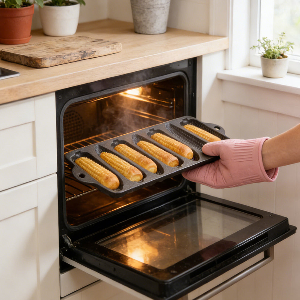 Cast iron cornbread pan with golden corn sticks lifted out of an oven by a gloved hand