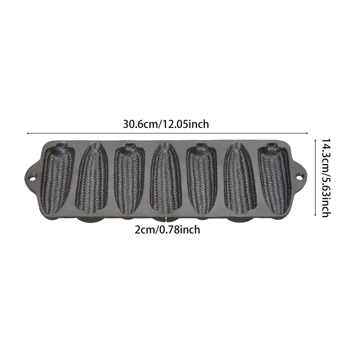 Cornbread pan on white marked 30.6 cm long, 14.3 cm wide and 2 cm deep