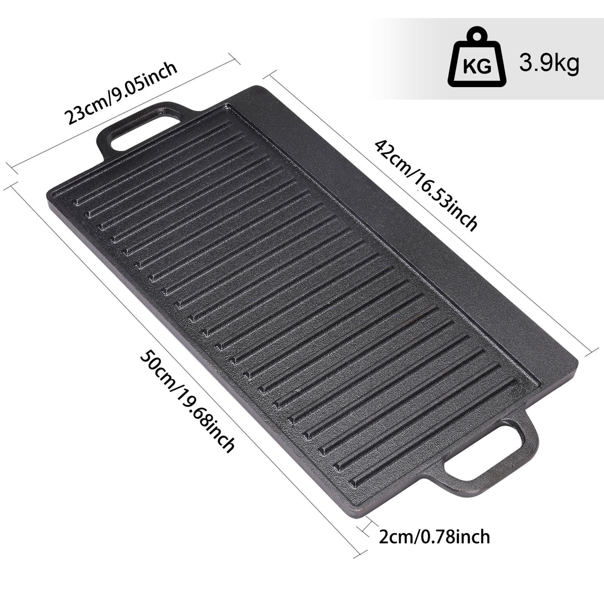 Cast iron griddle on white, marked 50 cm long, 23 cm wide, 2 cm high, 42 cm cooking length and 3.9 kg