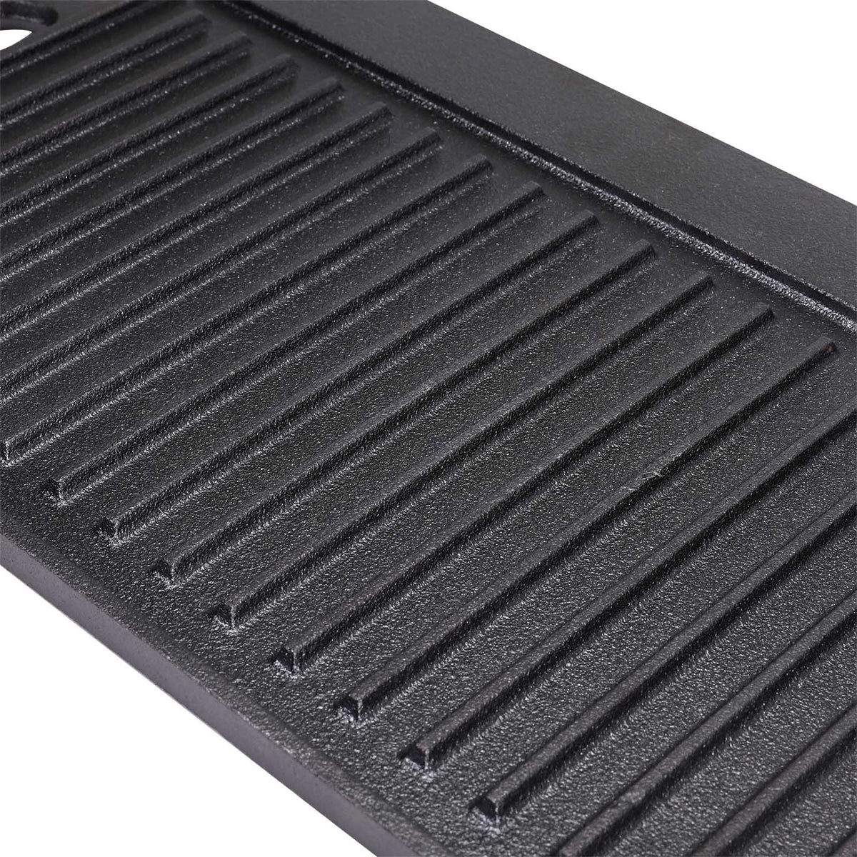 Close-up of the parallel raised ribs on the griddle's ribbed side