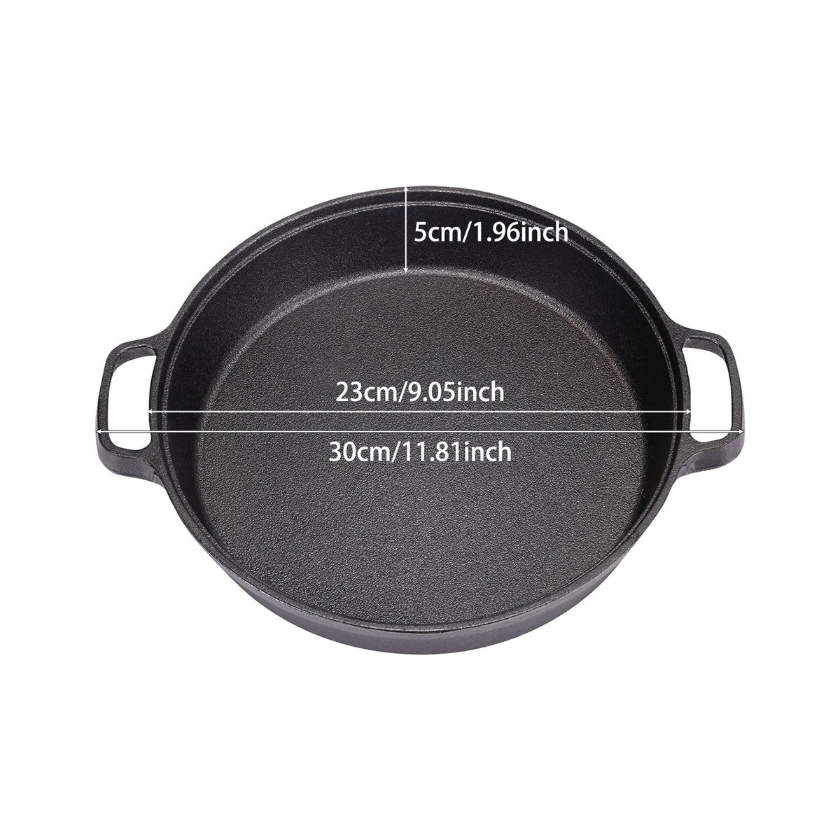 Smaller skillet on white, marked 23 cm inside, 30 cm with handles and 5 cm deep