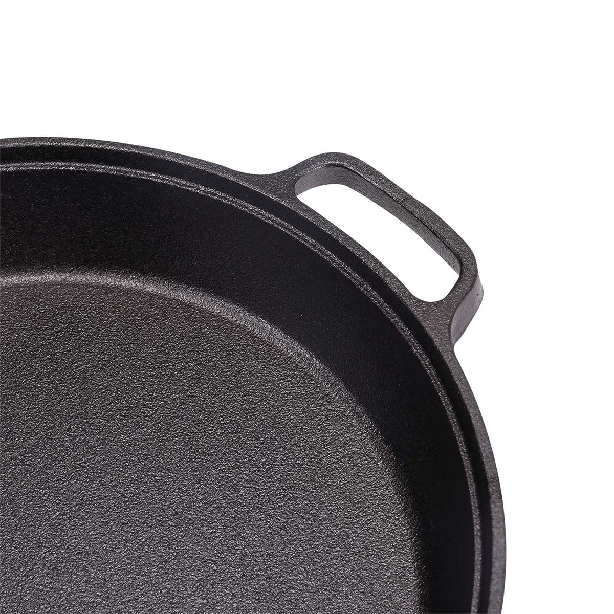 Close-up of a cast loop handle and the textured rim of the skillet
