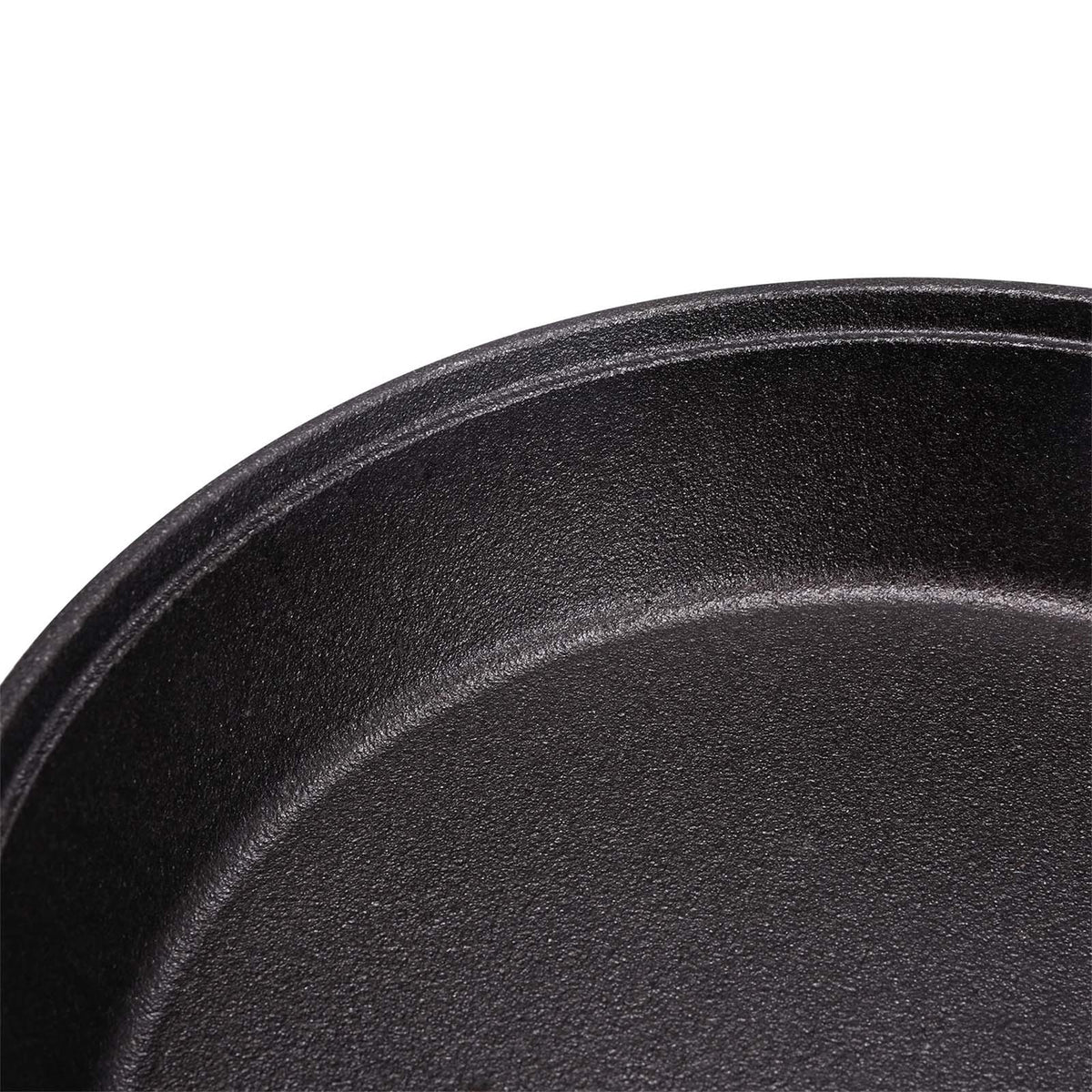 Close-up of the pre-seasoned cast iron surface and rim