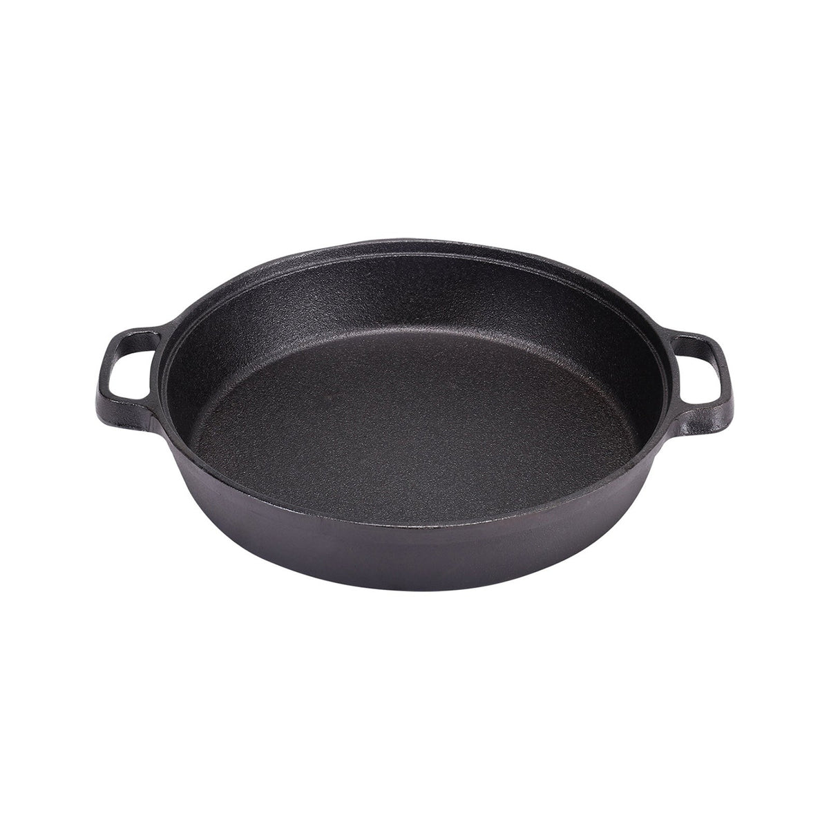 Side view of the empty deep cast iron skillet with two loop handles on white