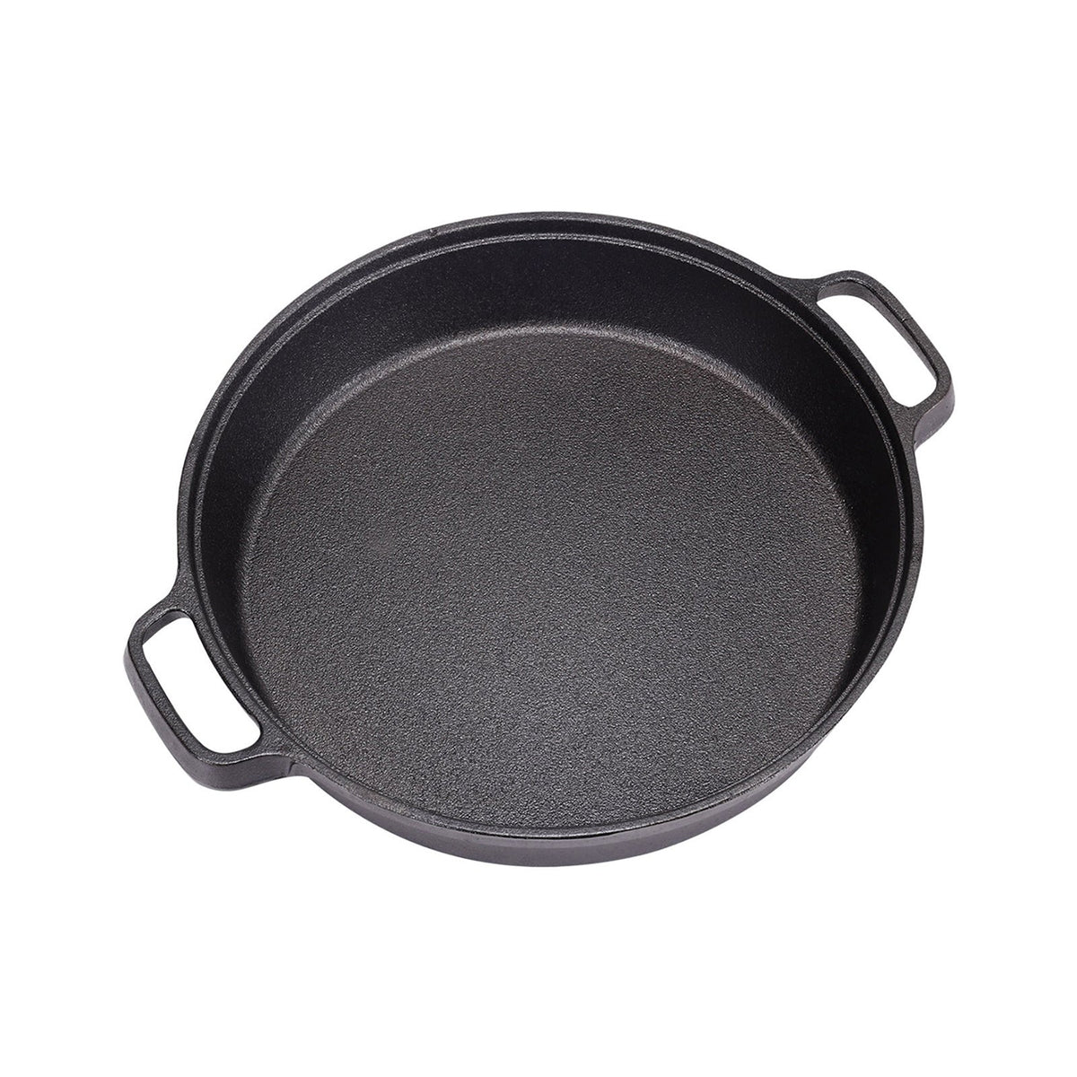 Empty deep cast iron skillet with two side handles seen from above on white