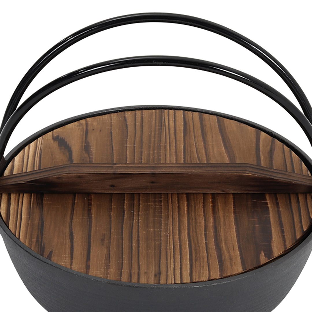 Close-up of the wooden lid with its grip bar and the two black arched handles