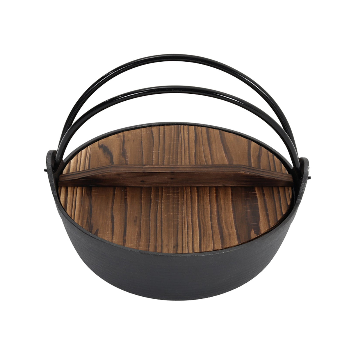 Cast iron nabe pot with its wooden lid on and two arched handles raised, on white