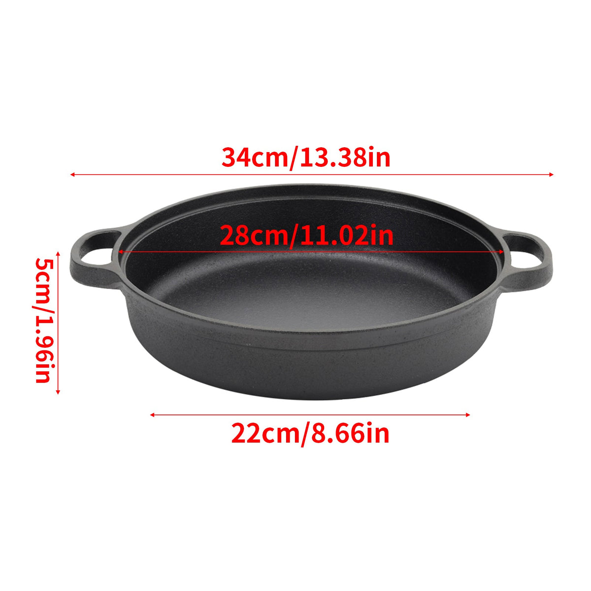 The 28 cm skillet on white: 34 cm with handles, 22 cm base, 5 cm high