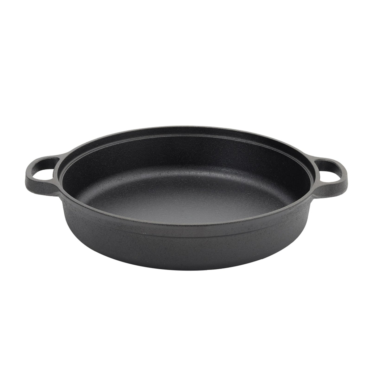 Wide, shallow black cast iron skillet with two loop handles, on white