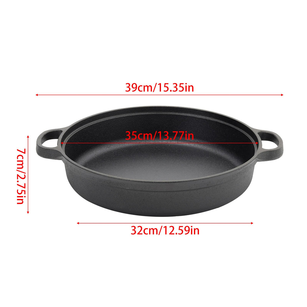 The 35 cm skillet on white: 39 cm with handles, 32 cm base, 7 cm high