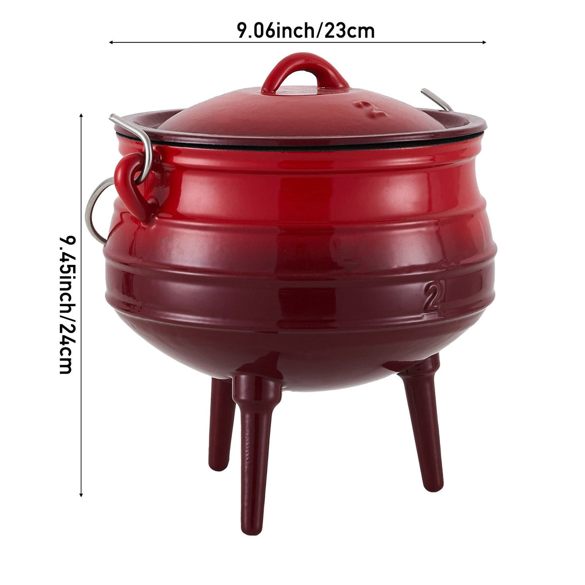 Red 6 L cauldron on three legs on white, marked 23 cm wide and 24 cm tall