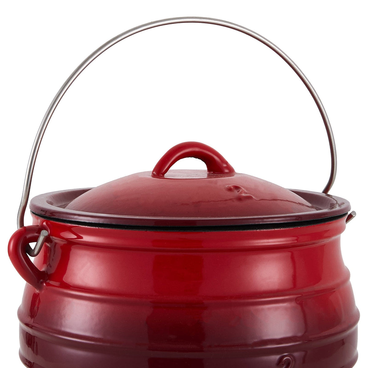 Red cauldron with its domed lid and stainless steel lifting handle raised