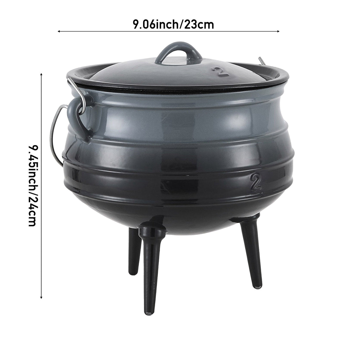Grey 6 L cauldron on three legs on white, marked 23 cm wide and 24 cm tall