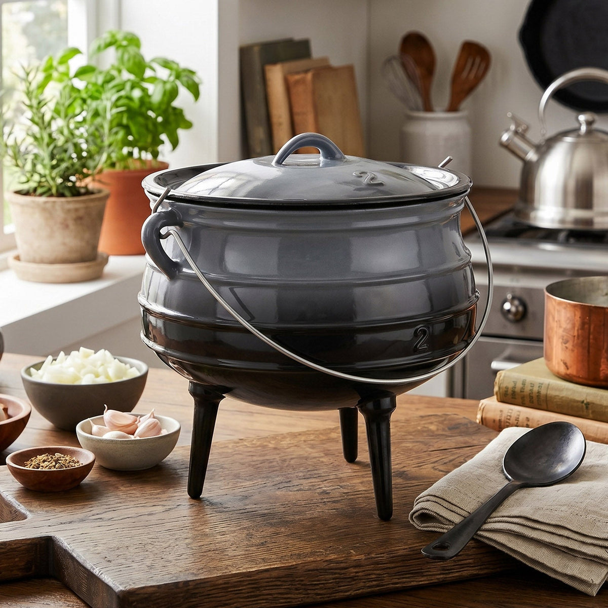 Grey enamelled cauldron with lid on a wooden board beside bowls of onion and garlic