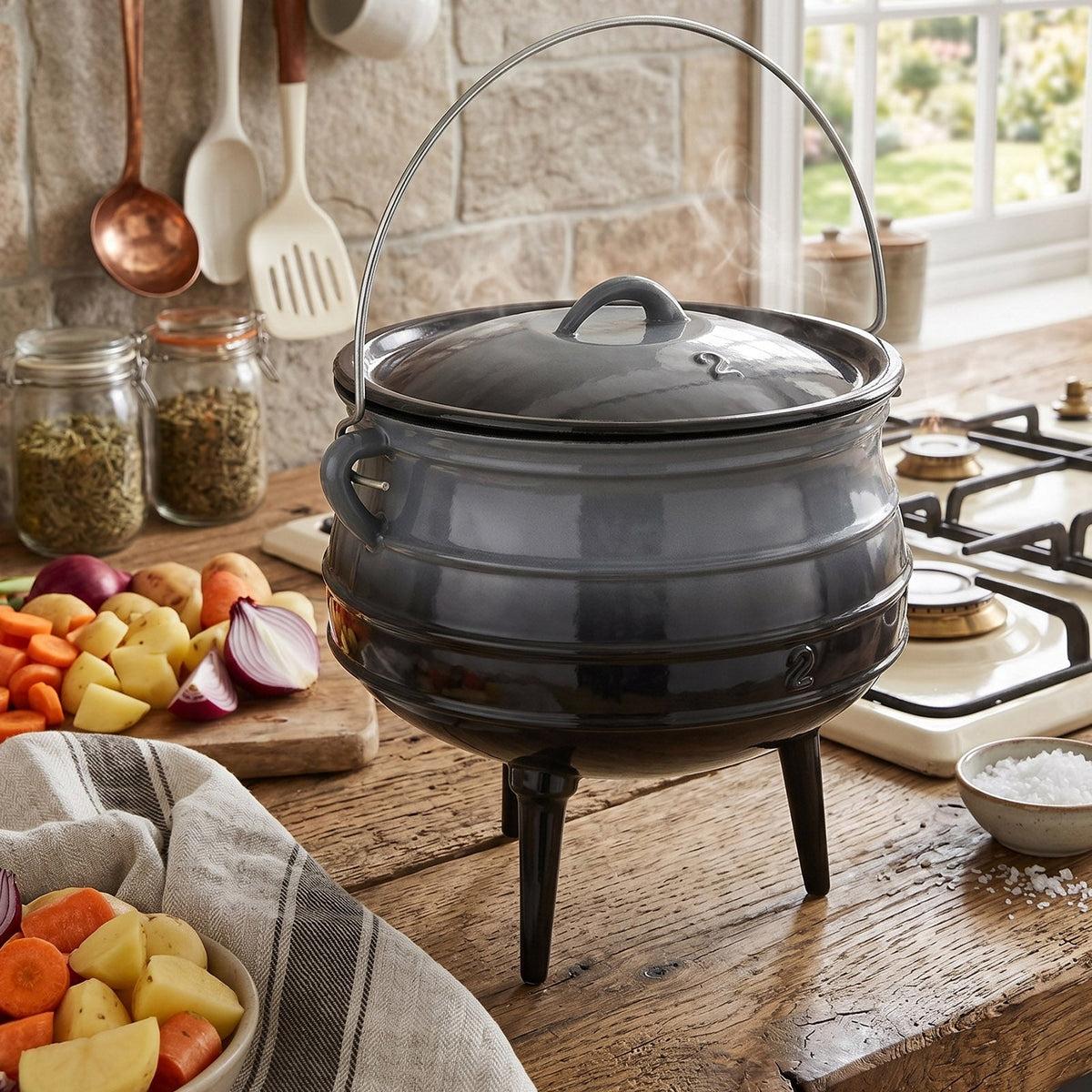 Grey three-legged cast iron cauldron with lid and steel handle on a kitchen worktop