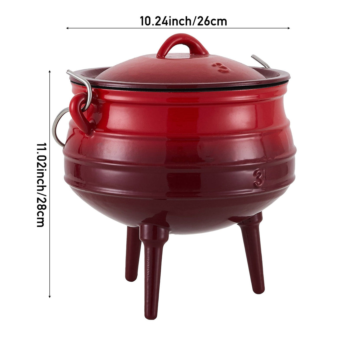 Red 8 L cauldron on three legs on white, marked 26 cm wide and 28 cm tall