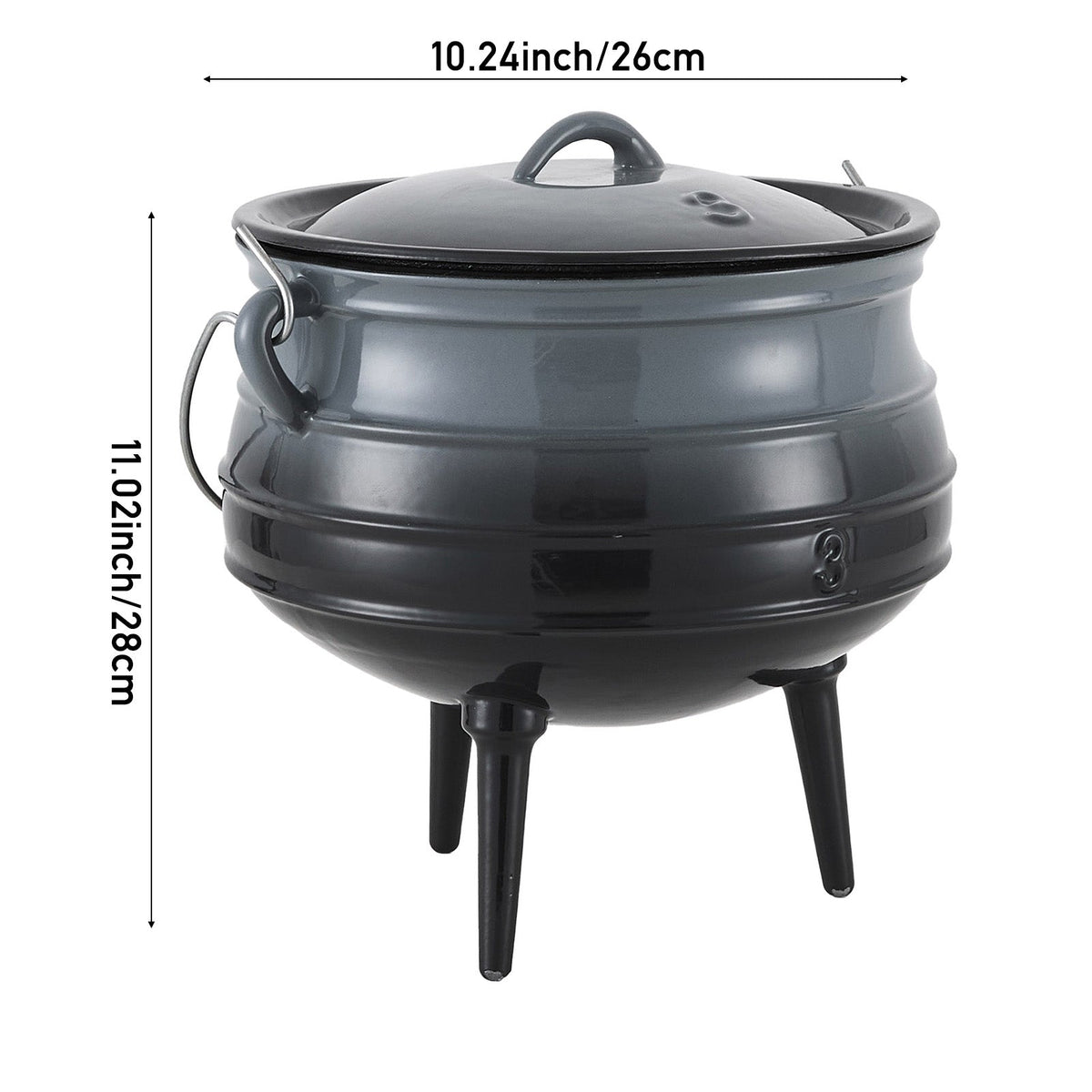 Grey 8 L cauldron on three legs on white, marked 26 cm wide and 28 cm tall