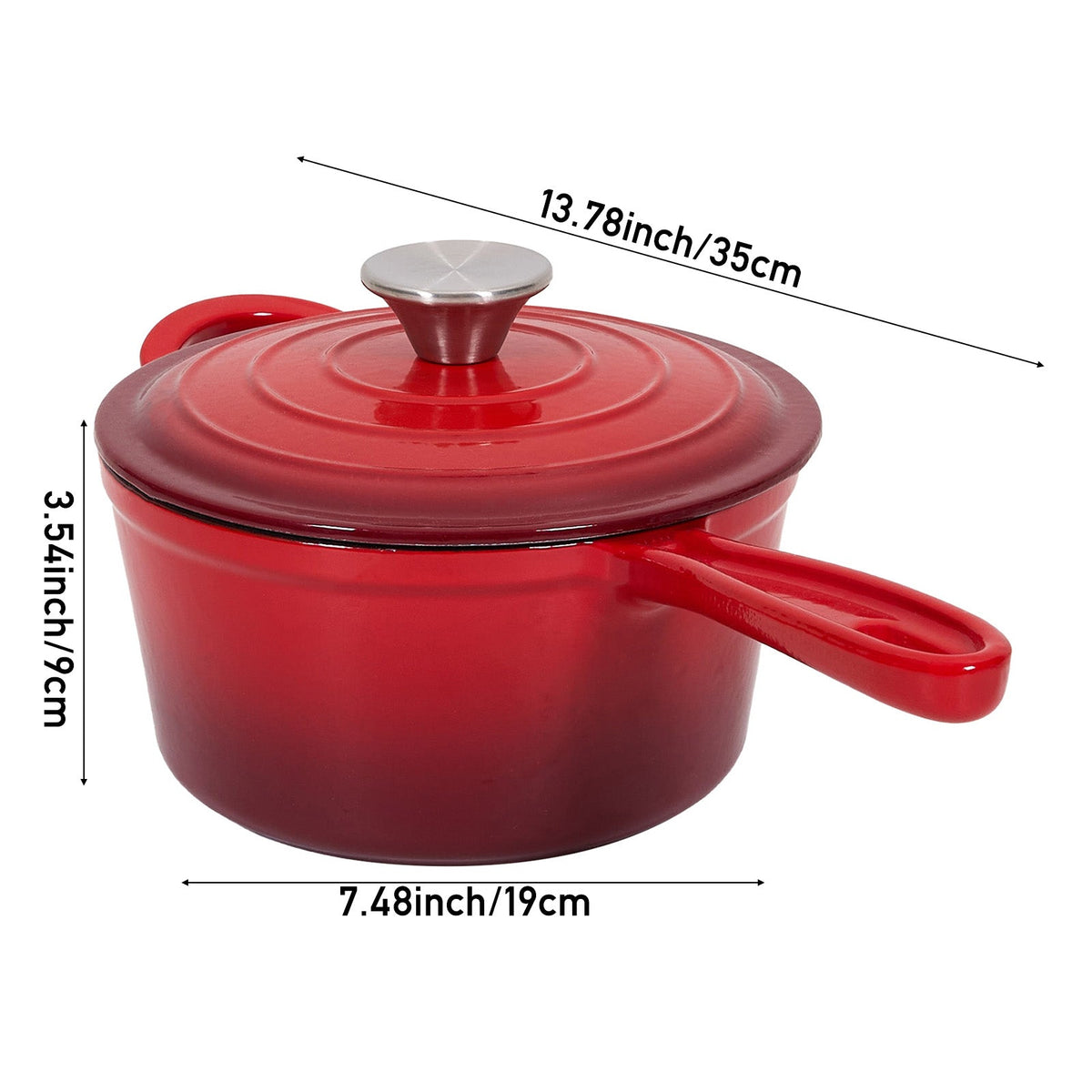 Red enamelled saucepan on white, marked 35 cm long with the handle, 19 cm base and 9 cm high
