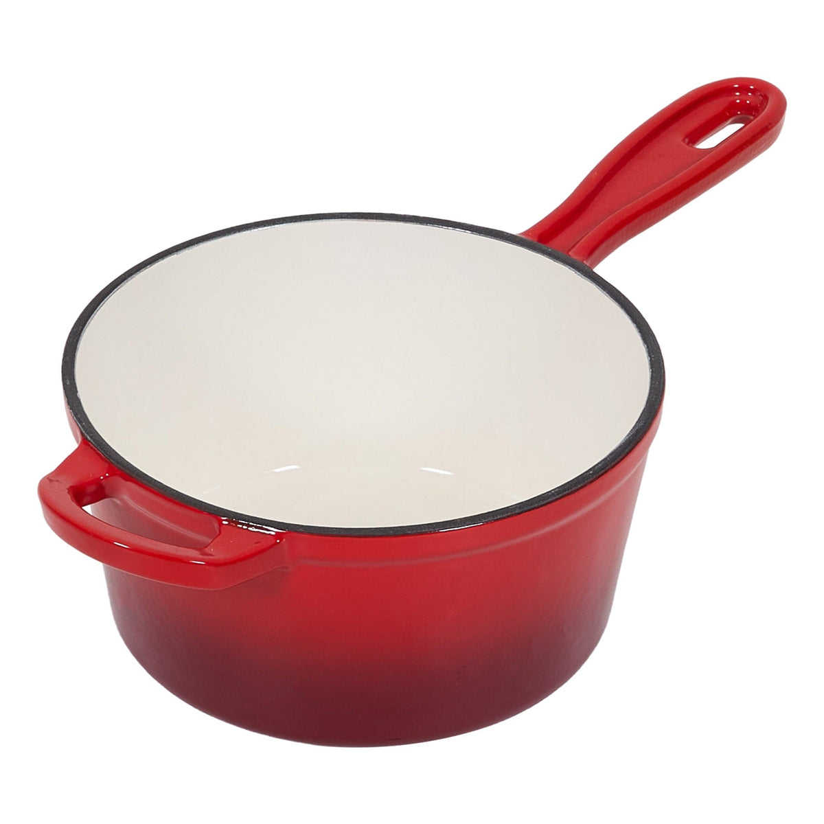 Red enamelled saucepan without its lid on white, showing the cream enamel inside