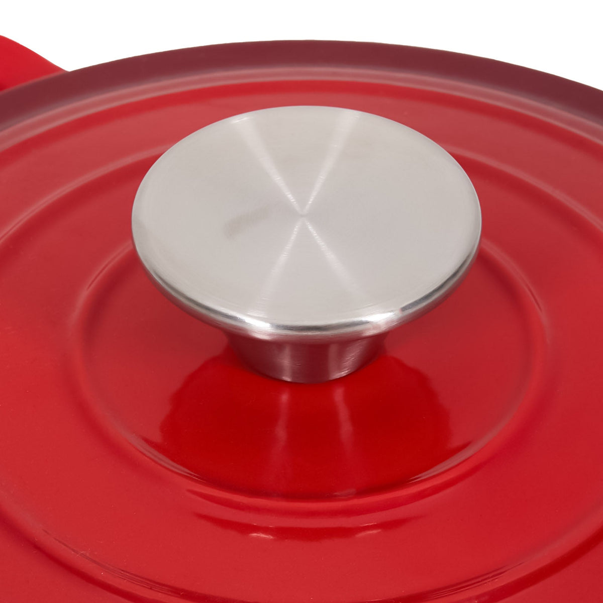 Close-up of the brushed stainless steel knob on the red ringed lid