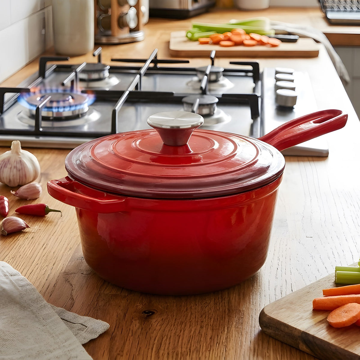 Red enamelled cast iron saucepan with lid on a wooden kitchen worktop in front of a lit gas hob