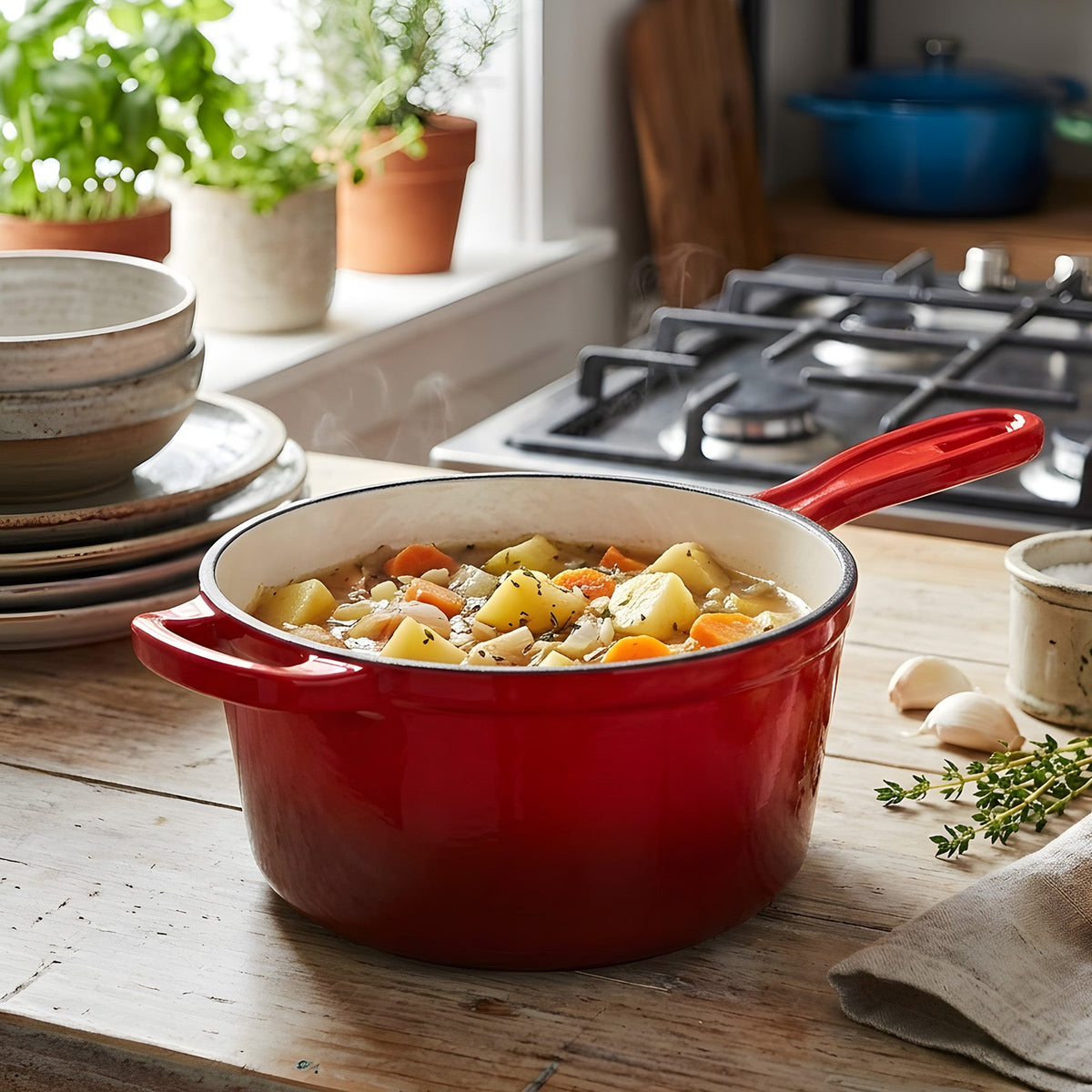 Red enamelled saucepan filled with vegetable stew on a wooden worktop by a gas hob