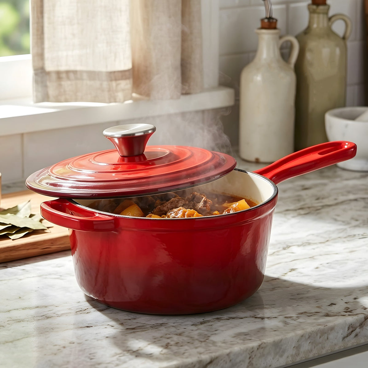 Red enamelled saucepan with its lid ajar and steam rising from a stew, on a marble worktop