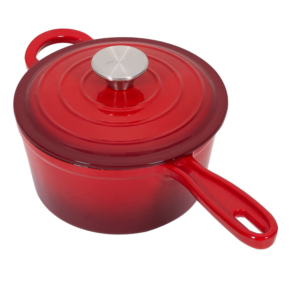 Red enamelled cast iron saucepan with ringed lid, steel knob, long handle and helper handle on white
