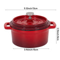 Red 13 cm Dutch oven on white, marked 13 cm across the handles, 10 cm base and 8 cm tall