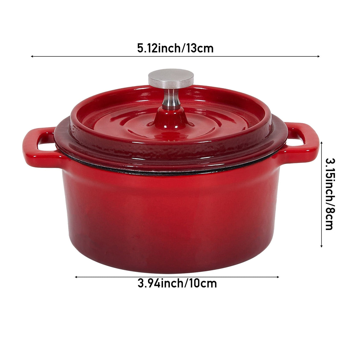 Red 13 cm Dutch oven on white, marked 13 cm across the handles, 10 cm base and 8 cm tall