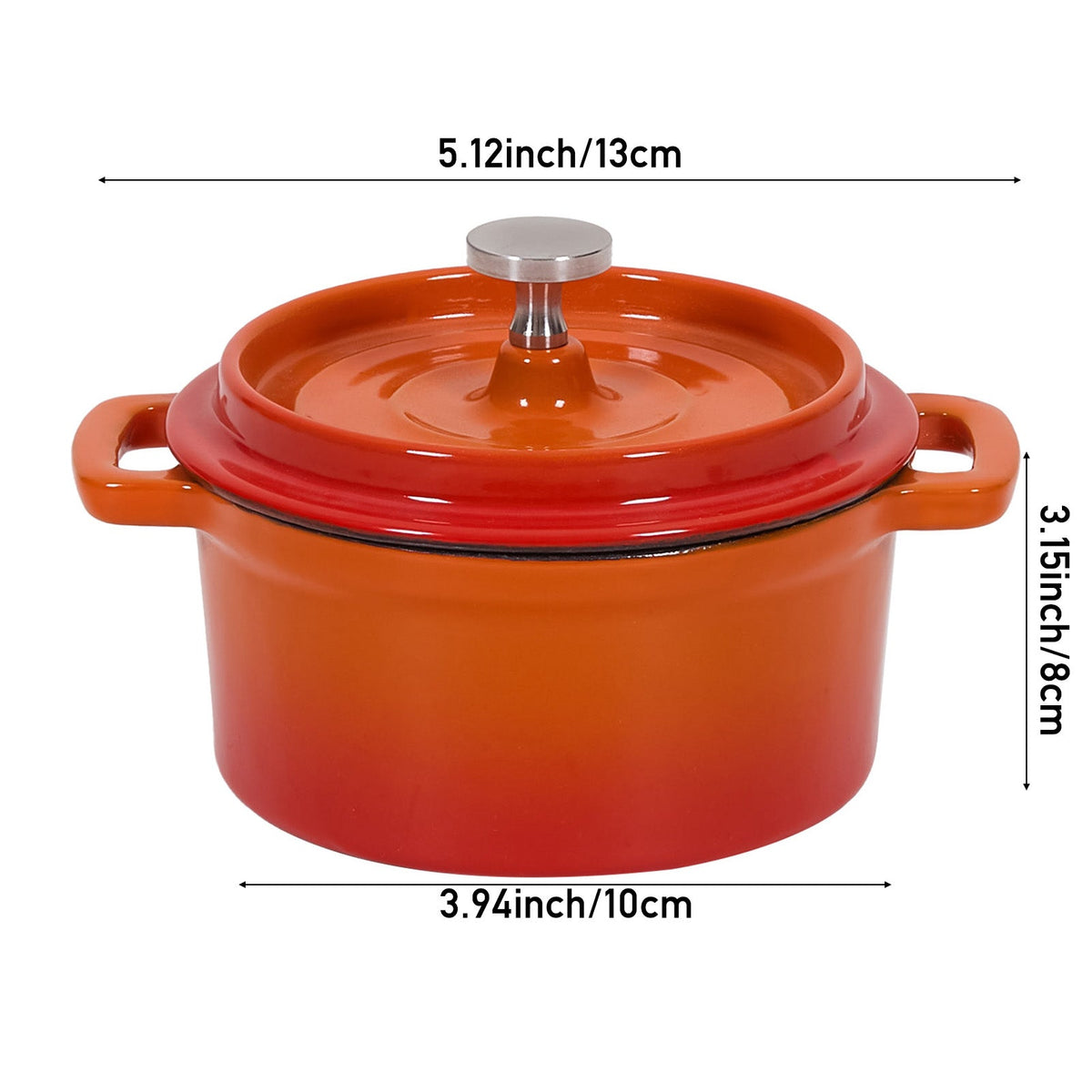 Orange 13 cm Dutch oven on white, marked 13 cm across the handles, 10 cm base and 8 cm tall