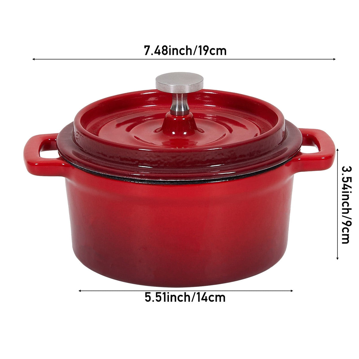 Red 19 cm Dutch oven on white, marked 19 cm across the handles, 14 cm base and 9 cm tall