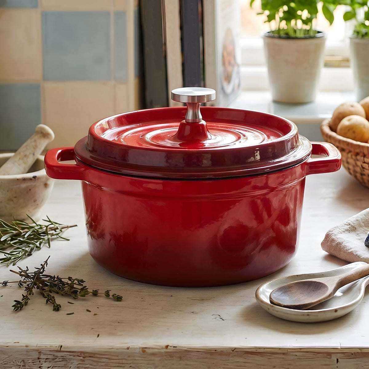 Red enamelled cast iron Dutch oven with lid on a kitchen table beside thyme and a wooden spoon
